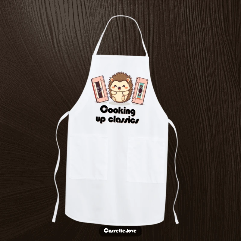 Funny kitchen apron with a happy hedgehog rolling between two vintage cassette tapes, adding quirky charm.