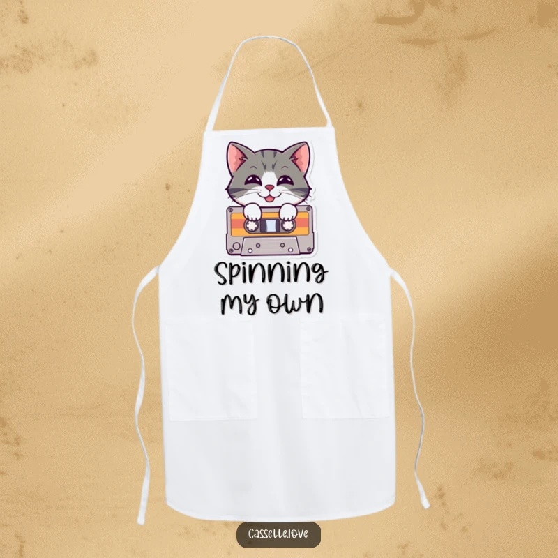 Funny Apron depicting a cheerful cat peeking from a cassette tape with a playful grin, ideal for retro music-loving cooks.