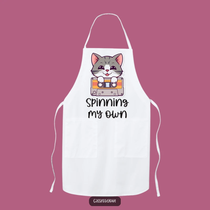 Funny Apron: Cat in Cassette Tape - Retro Music Chef Gift