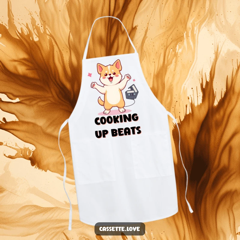Funny Apron showing a dog dancing with one paw raised, a cassette tape spinning nearby, perfect for retro music-loving chefs.