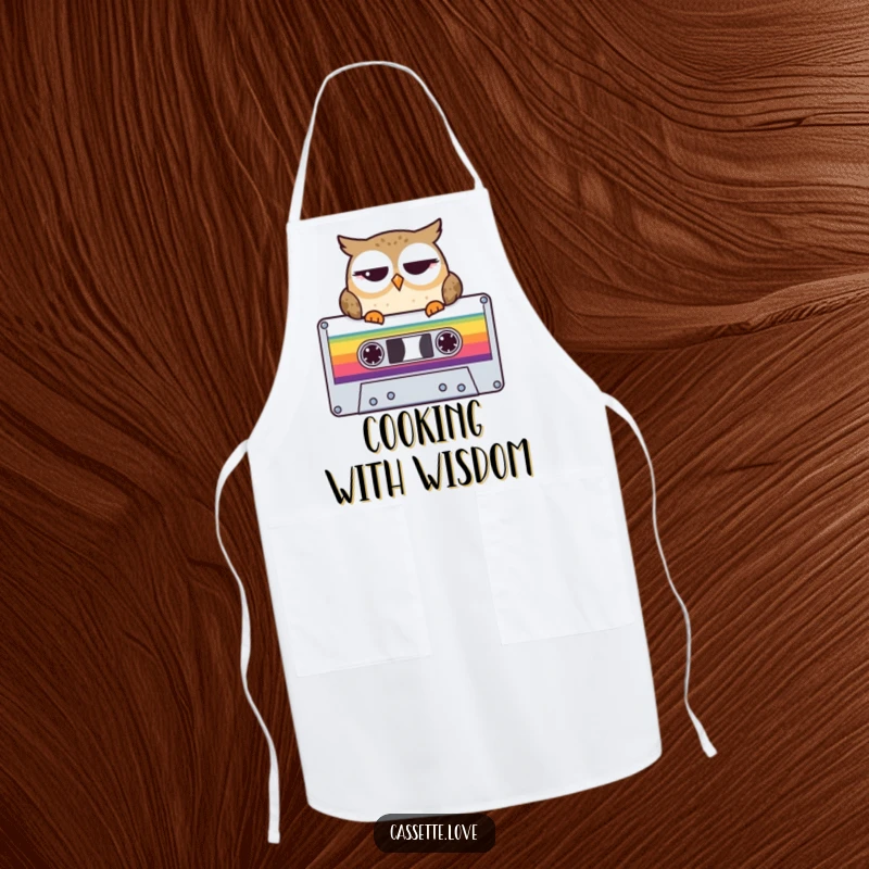 Funny Apron showing a winking owl perched on a large, colorful cassette tape, perfect for wise, retro music-loving cooks.