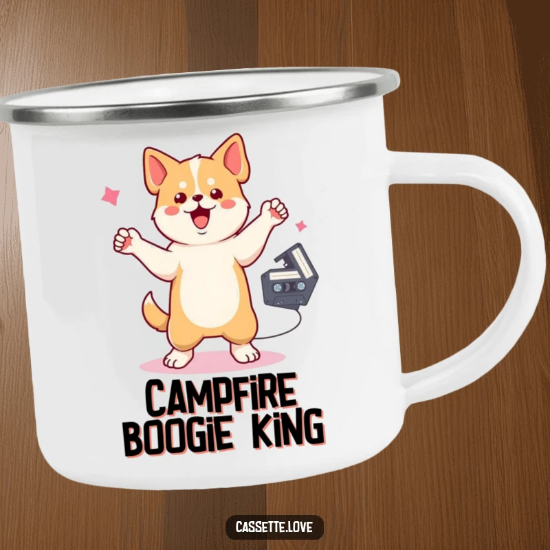 Funny Camping Mug depicting a dancing dog with one raised paw near a spinning cassette tape, perfect for retro music adventures.
