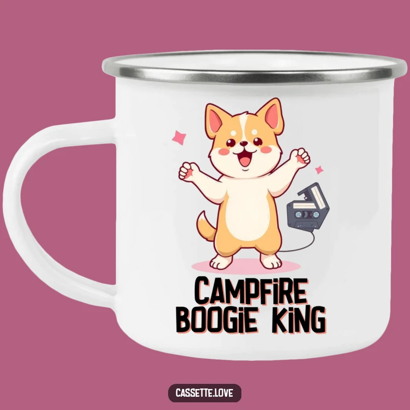 Funny Camping Mug: Dancing Dog Cassette - Retro Music Adventure Cup