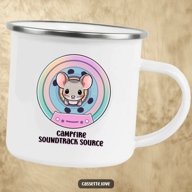 Funny camping mug featuring a tiny mouse peeking out from the spool of a vintage cassette tape, perfect for outdoor trips.