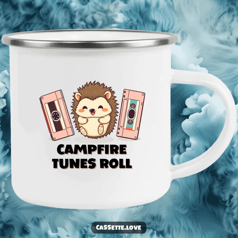 Funny camping mug featuring a happy hedgehog rolling between two vintage cassette tapes, perfect for outdoor trips.
