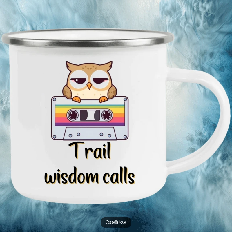 Funny Camping Mug depicting a winking owl perched on a colorful cassette tape, perfect for retro music adventures.