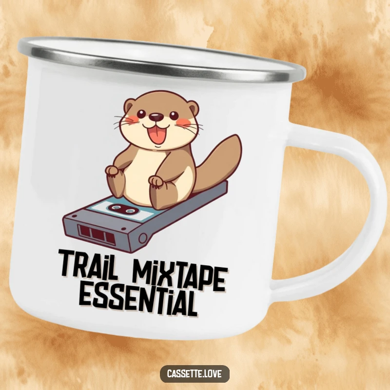 Funny camping mug featuring a happy otter sliding down a ramp made of a cassette tape, perfect for outdoor adventures.
