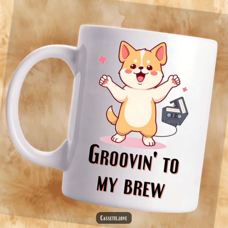 Funny Dog Cassette Mug featuring a joyful dog dancing with one paw raised, near a spinning cassette tape, celebrating retro music.