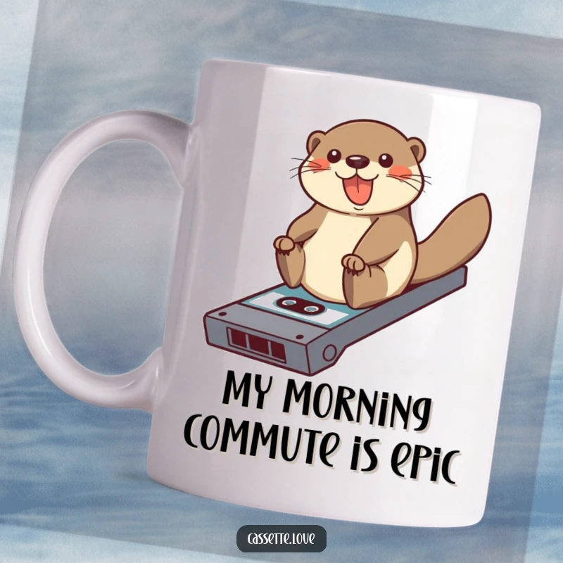 Funny otter sliding down a cassette tape ramp, expressing pure joy and retro music appreciation on a ceramic mug.
