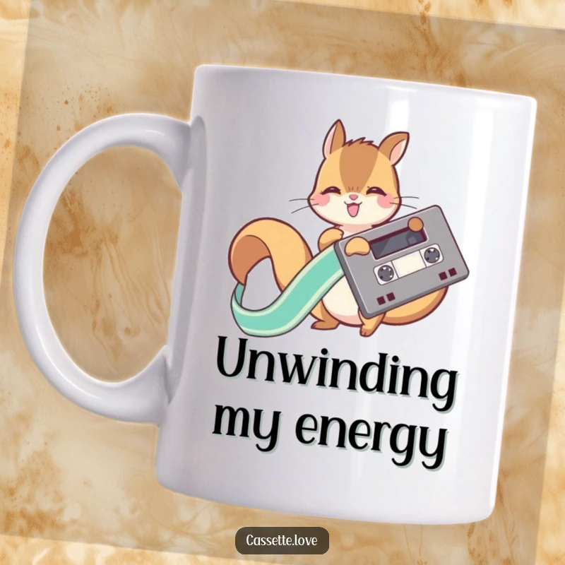 Funny mug featuring a playful squirrel joyfully unwinding a long, flowing ribbon from a vintage cassette tape spool.