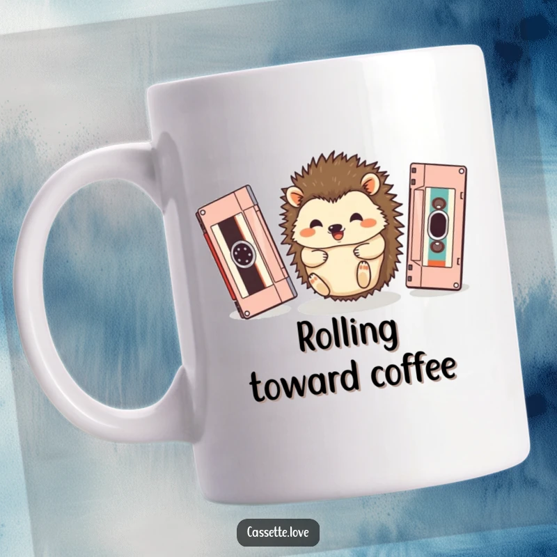 Funny mug featuring a happy hedgehog joyfully rolling between two oversized, vintage cassette tapes.