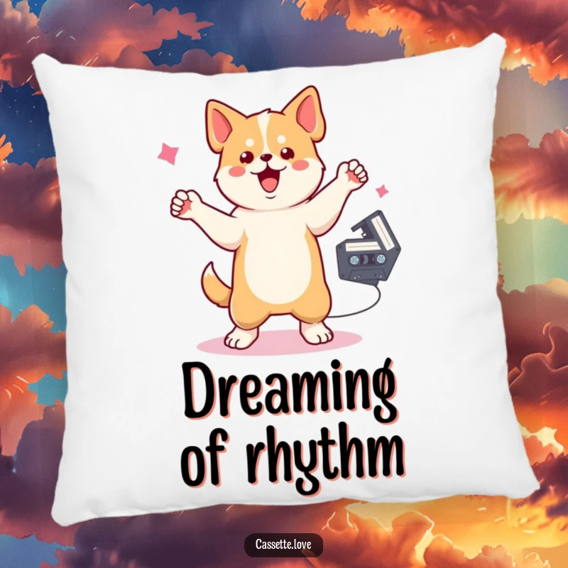 Funny Pillow depicting a dancing dog with one raised paw near a spinning cassette tape, perfect for retro music-themed comfort.