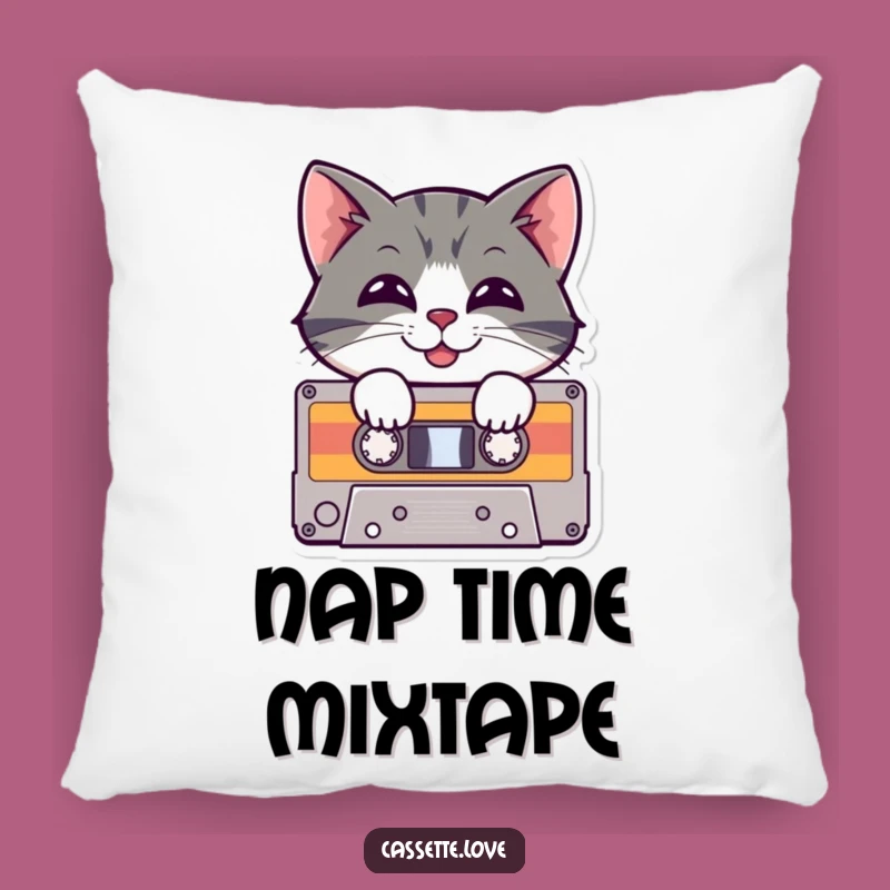 Funny Pillow: Cheerful Cat Cassette - Cozy Retro Music Decor