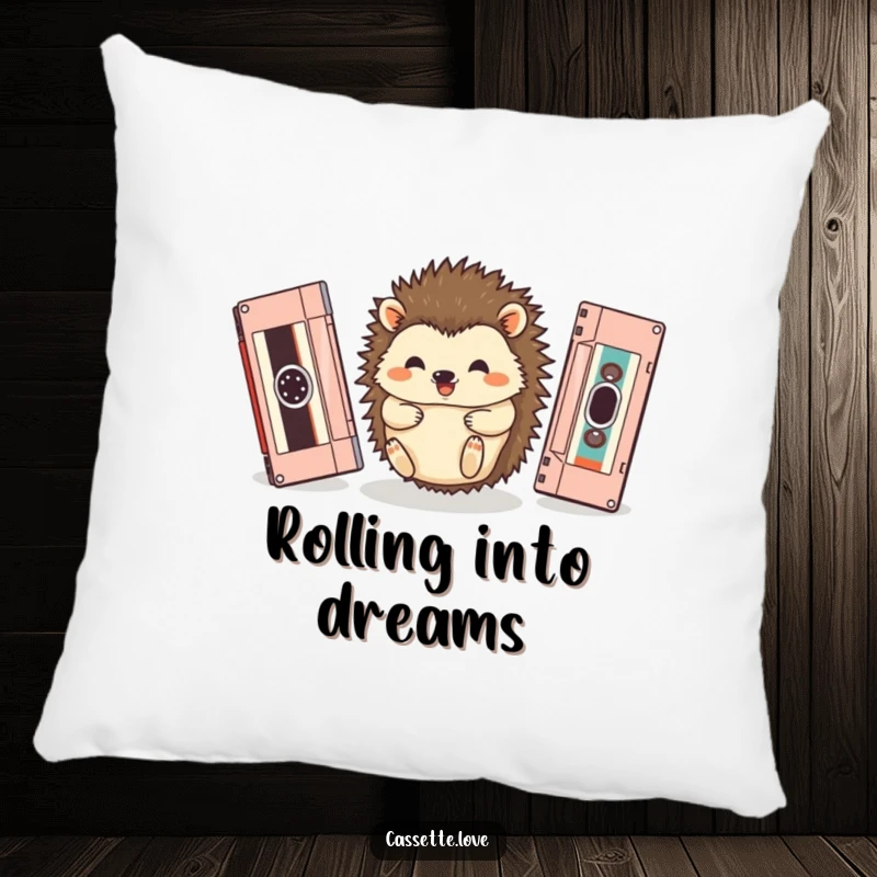 Funny accent pillow featuring a happy hedgehog rolling between two vintage cassette tapes, perfect for cozy spaces.