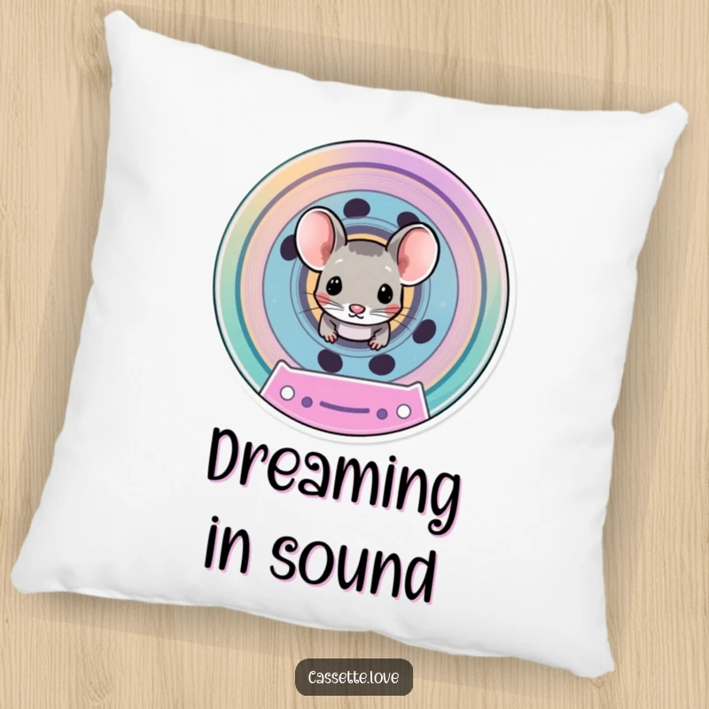 Funny accent pillow featuring a tiny mouse peeking out from the spool of a colorful cassette tape, perfect for cozy spaces.