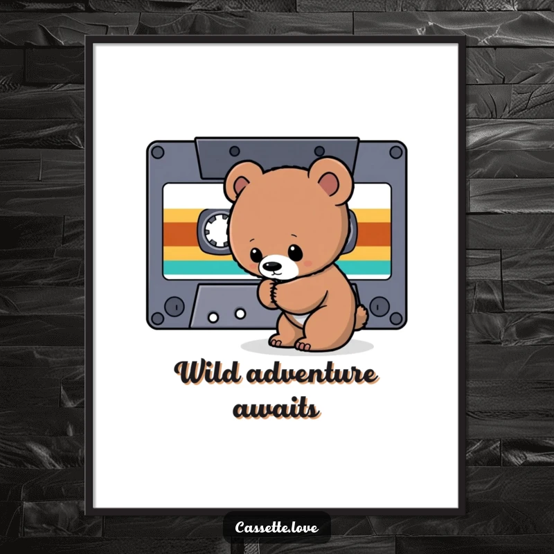 Funny Digital Art Print of a curious bear cub sniffing a giant cassette tape ribbon, capturing retro music exploration and charm.