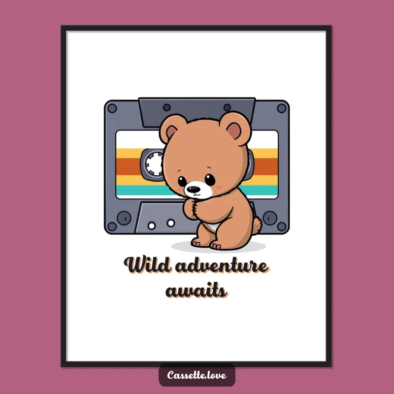 Funny Digital Art: Bear Cub Cassette - Retro Music Print for Walls