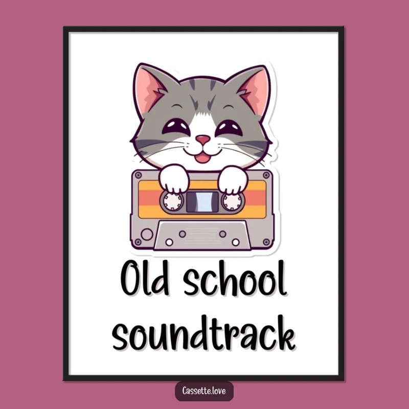 Funny Digital Art: Cat in Cassette Tape - Retro Music Print for Walls