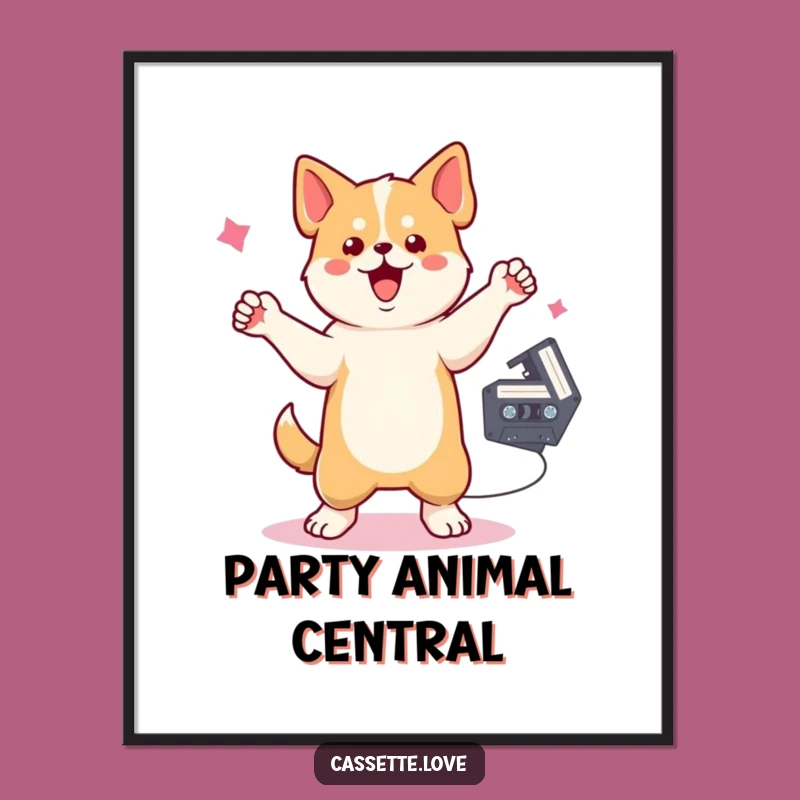 Funny Digital Art: Dancing Dog Cassette - Retro Music Print for Walls