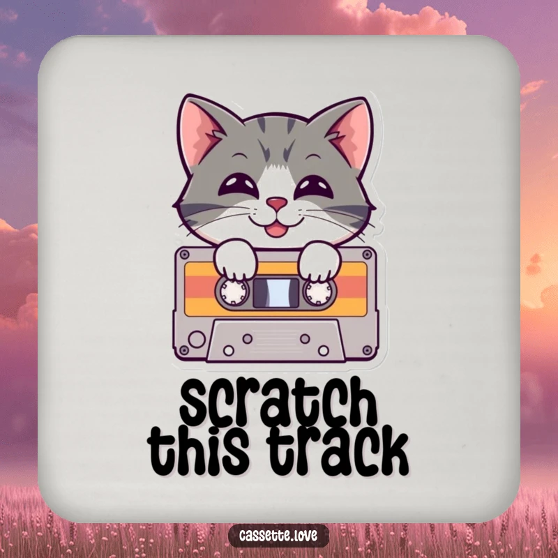 Funny Coasters featuring a cheerful cat peeking out of a cassette tape with a playful grin, perfect for retro music enthusiasts.
