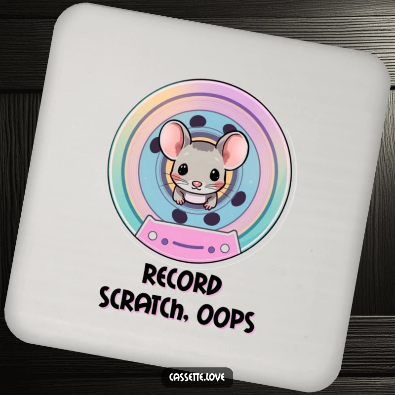 Funny drink coasters featuring a tiny mouse peeking from the spool of a brightly colored cassette tape, adding charm.