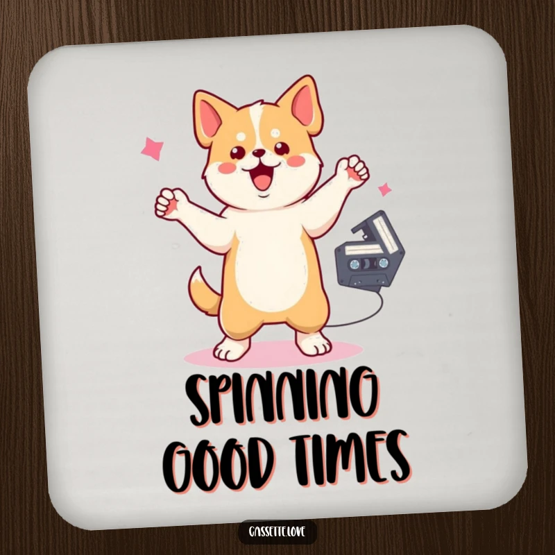 Funny Coasters featuring a dog dancing with one raised paw, a cassette tape spinning nearby, perfect for retro music enthusiasts.