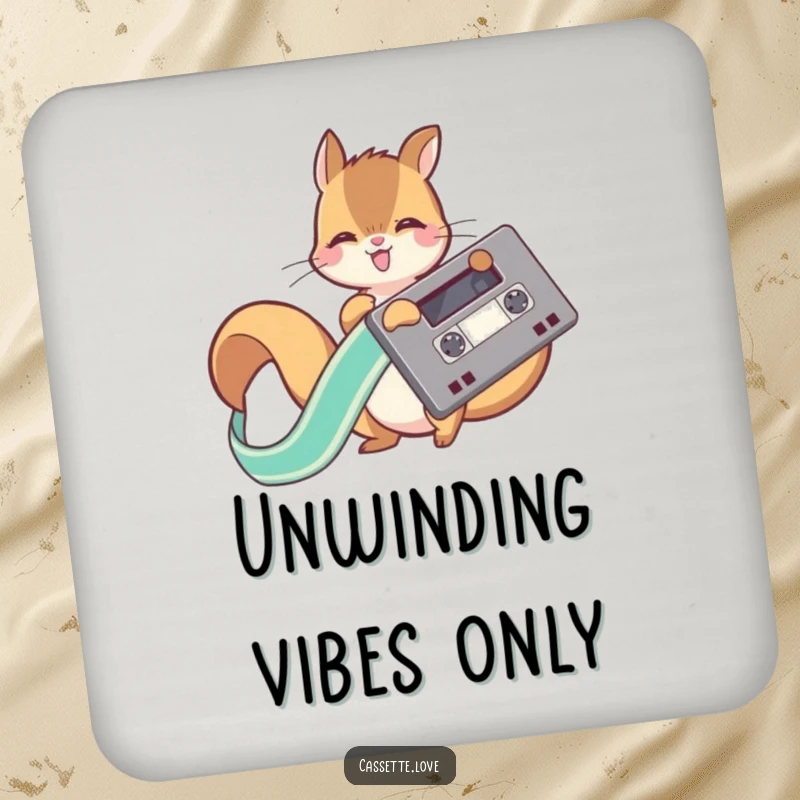 Funny drink coasters featuring a playful squirrel unwinding a ribbon from a retro cassette tape, adding quirky flair.