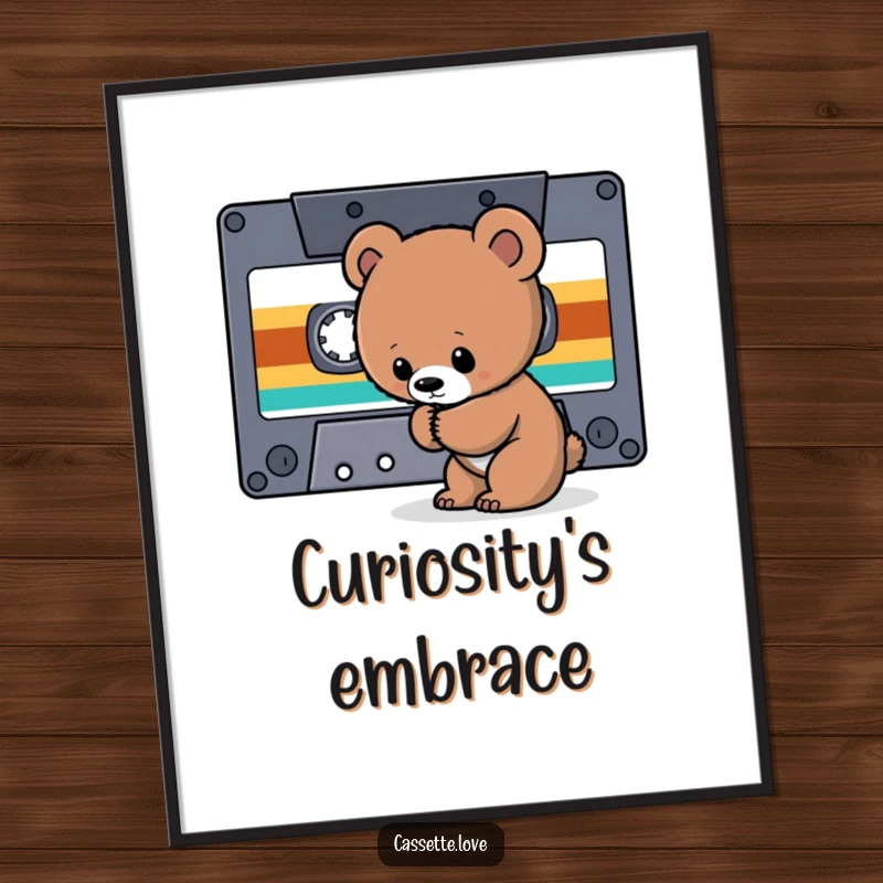 Funny Poster of a curious bear cub sniffing the tape ribbon of a giant cassette tape, symbolizing retro music exploration.