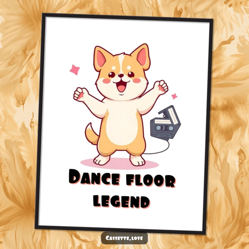 Funny Poster of a dog dancing energetically with one paw raised, a cassette tape spinning nearby, celebrating retro music.