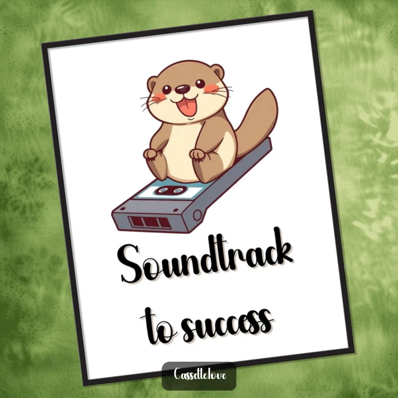 Funny poster art of a happy otter joyfully sliding down a ramp fashioned from a vintage cassette tape, a nostalgic scene.