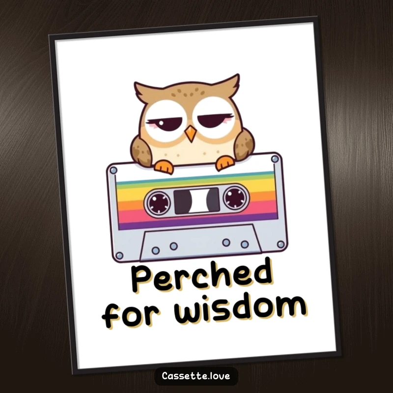 Funny Poster of a winking owl perched on a large, colorful cassette tape, embodying wisdom and retro music nostalgia.