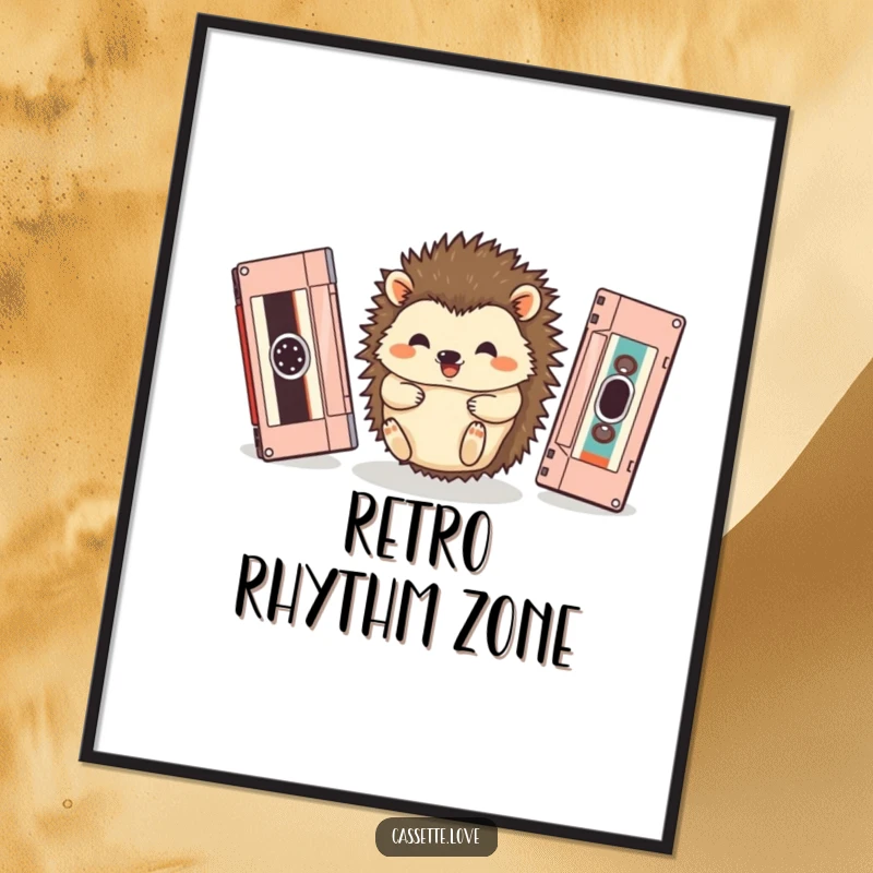 Funny poster art of a happy hedgehog rolling playfully between two large, vintage cassette tapes, a cute scene.