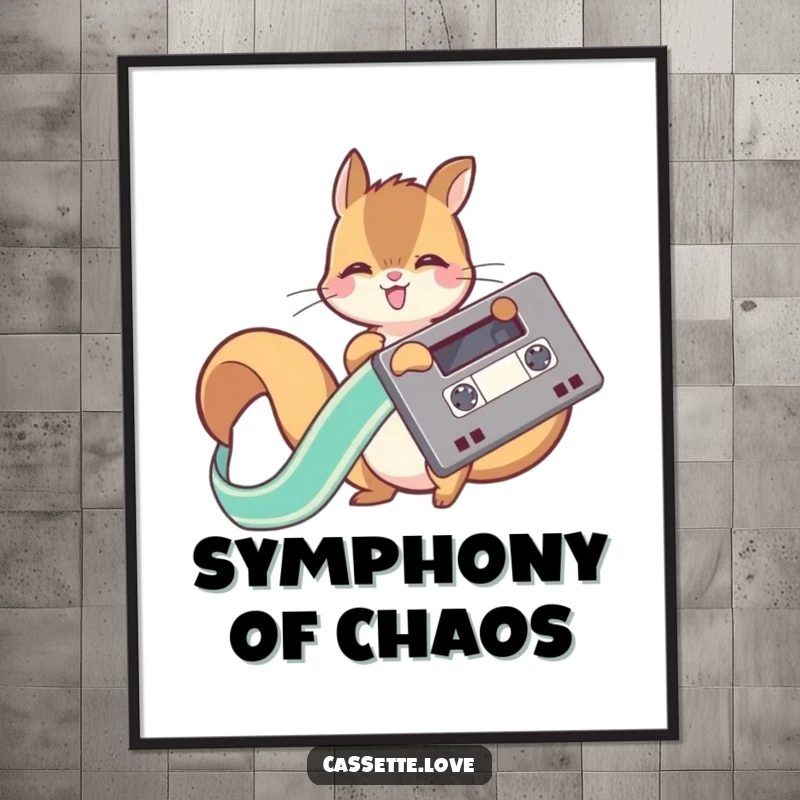 Funny poster art of a playful squirrel joyfully unwinding the flowing ribbon from a vintage cassette tape, a dynamic scene.