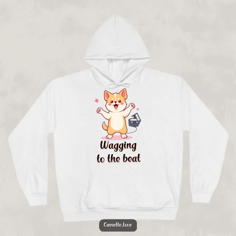 Funny Hoodie with a dancing dog sporting one raised paw near a spinning cassette tape, embodying retro music vibes and canine energy.