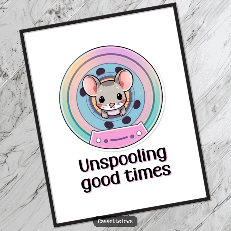 Funny free printable wall art featuring a tiny mouse peeking from a bright cassette spool, adding retro fun and whimsy.