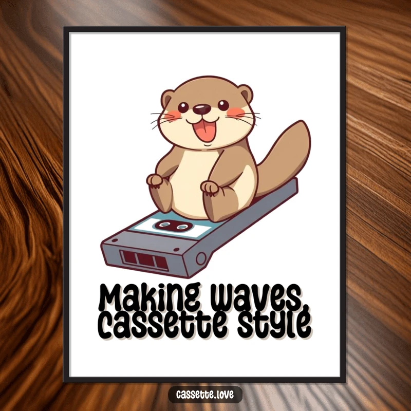 Funny free printable wall art of a joyful otter sliding down a vintage cassette tape ramp, bringing retro charm and humor.