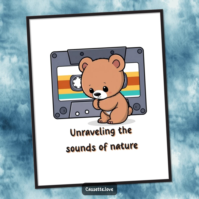 Funny Free Printable Wall Art: A cute bear cub is sniffing the tape ribbon of an oversized cassette.