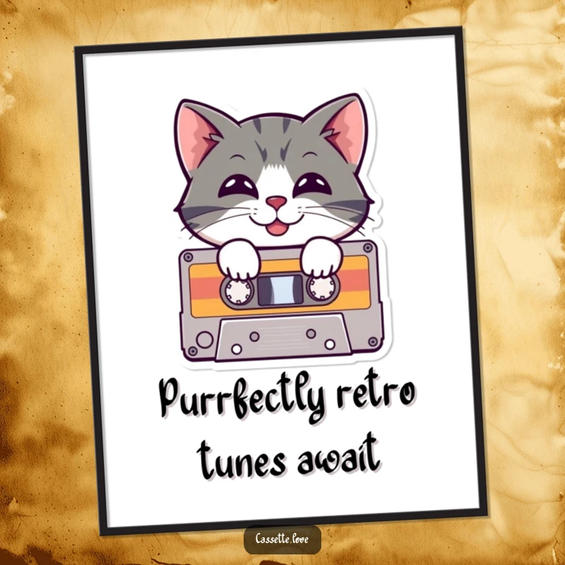 Funny Free Printable Wall Art: A cheerful cat is grinning inside a vibrant cassette tape.