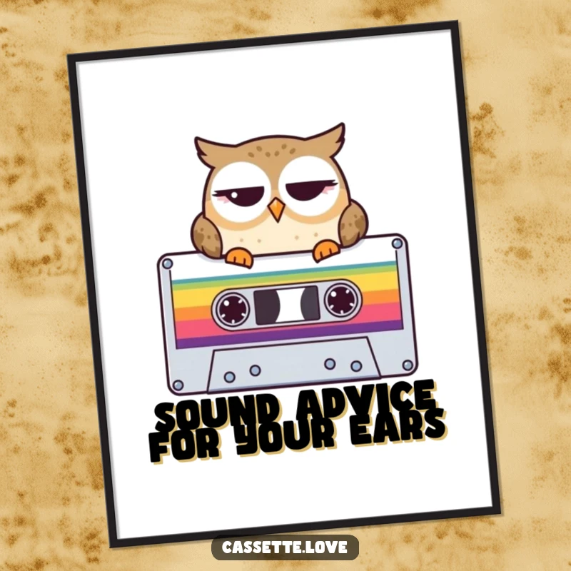 Funny Free Printable Wall Art: A winking owl sits regally on top of a large, colorful retro cassette tape.