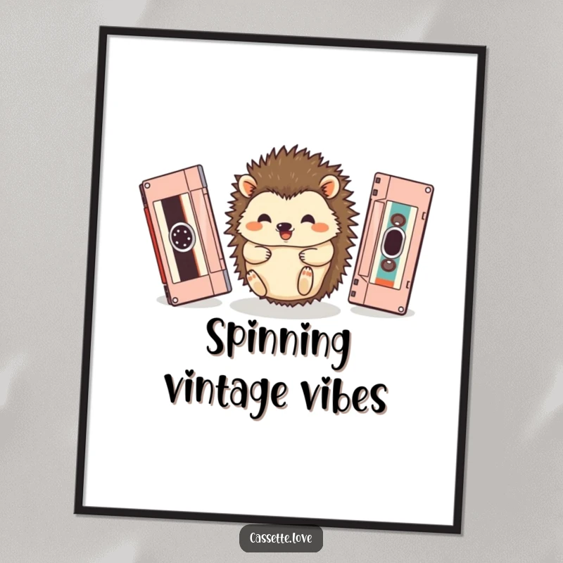 Funny free printable wall art featuring a happy hedgehog rolling between oversized vintage cassette tapes, bringing retro vibes.