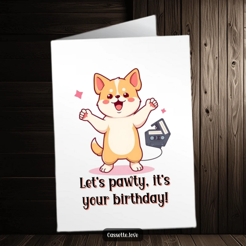 Funny Free Printable Birthday Card: A joyful dog dancing with one paw up, a cassette tape spins.