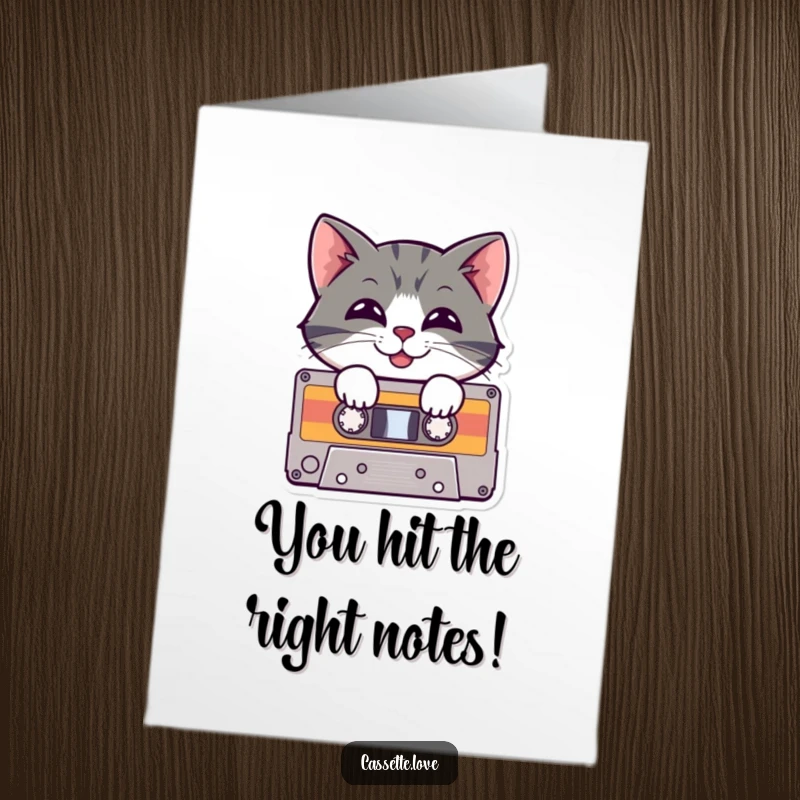 Funny Free Printable Congratulations Card: Happy cat with a cheeky grin inside a cassette tape.