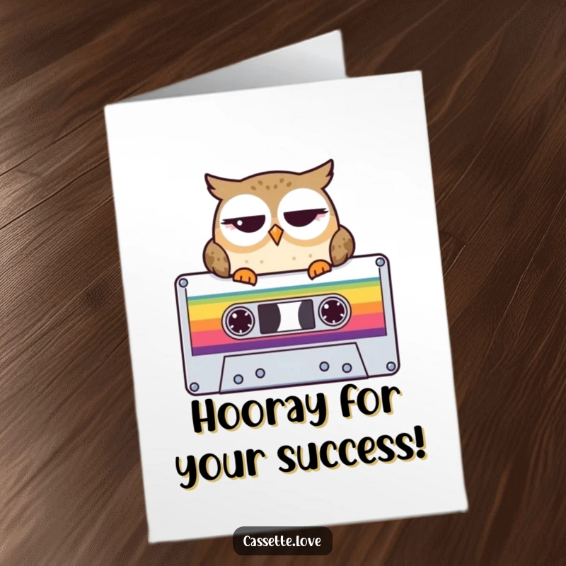 Funny Free Printable Congratulations Card: A cool owl winks from its perch on a colorful cassette tape.