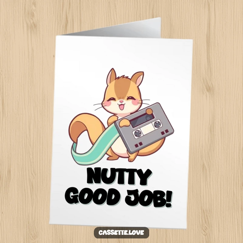 Funny free printable congratulations card with a playful squirrel joyfully unwinding a flowing cassette ribbon, cheering success.
