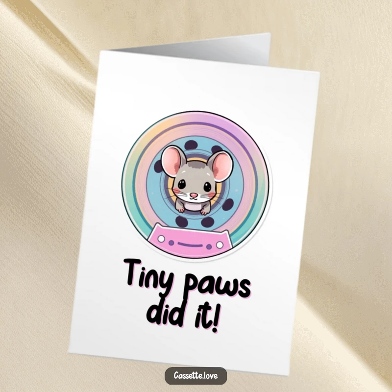 Funny free printable congratulations card with a small mouse peeking out of a bright cassette spool, sharing happy news.