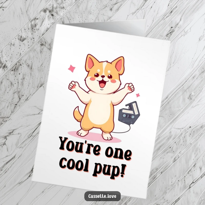 Funny Free Printable Congratulations Card: A happy dog is dancing next to a spinning cassette tape.