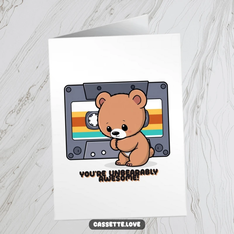 Funny Free Printable Congratulations Card: A curious bear cub investigates the tape ribbon of a huge cassette.