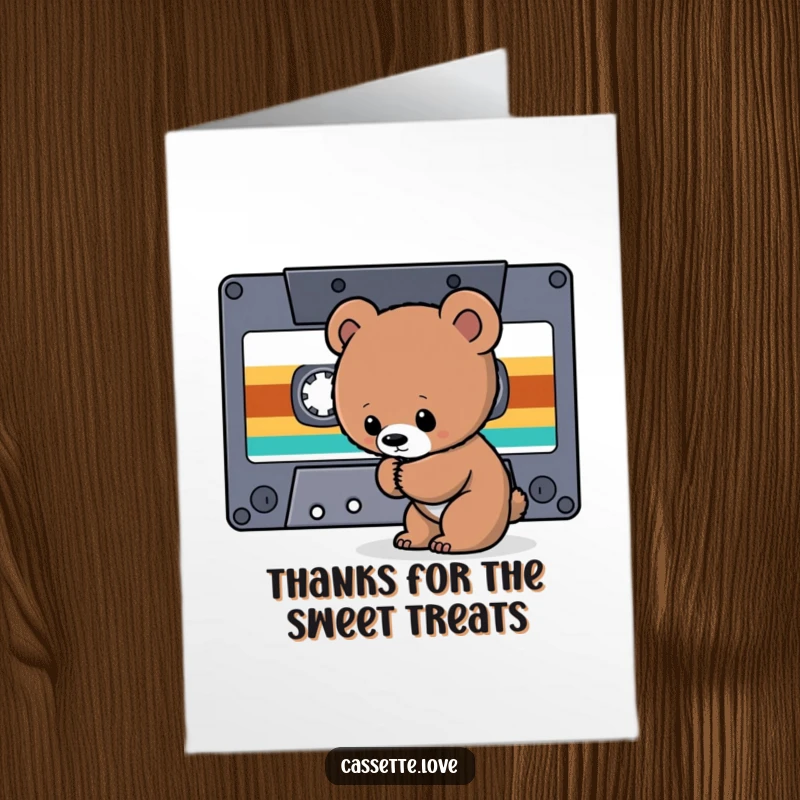 Funny Free Printable Thank You Card: A small bear cub curiously sniffs the unwound tape of a massive cassette.