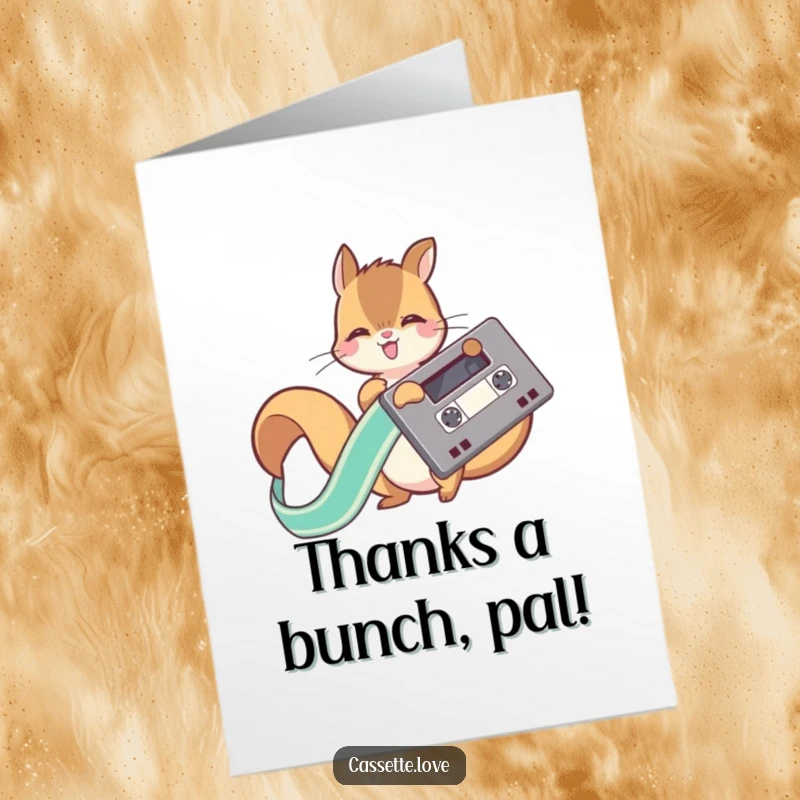 Funny free printable thank you card of a playful squirrel unwinding a cassette ribbon, expressing thanks with energetic flair.
