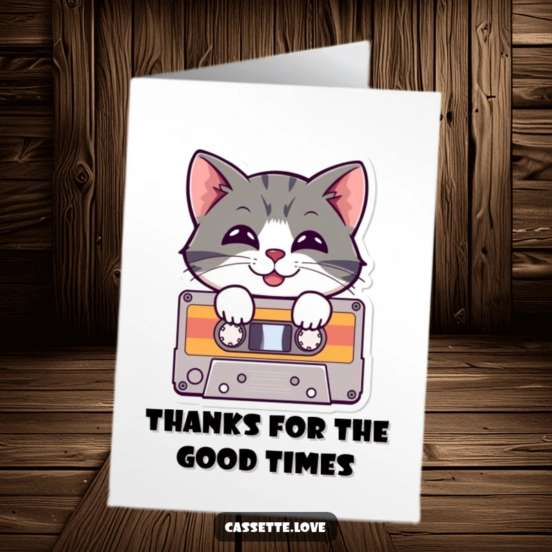 Funny Free Printable Thank You Card: A cheerful cat peeking out of a cassette tape with a big grin.